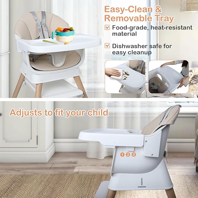 9 in 1 Convertible Baby High Chair with Booster, Wooden Highchair for Babies and Toddlers with Adjustable Tray & 5-Point Harness, Multi-Functional Growing Seat for Feeding, Learning & Play, Beige-CubbioJoy