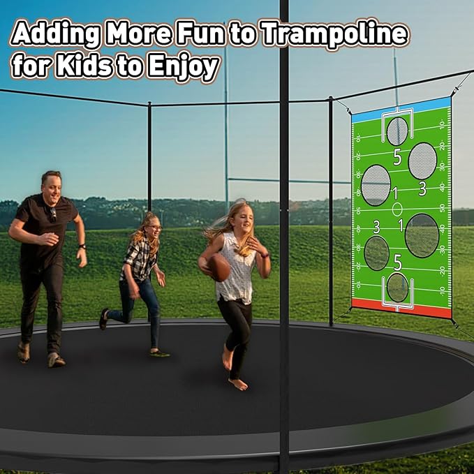 jumpfly Trampoline Football Game Accessories, Toss Throwing Target Net Fits 8 FT/10 FT/12 FT/14 FT Recreational Trampolines with Two Footballs - Trampoline Indoor Outdoor Party Games for Kids-CubbioJoy