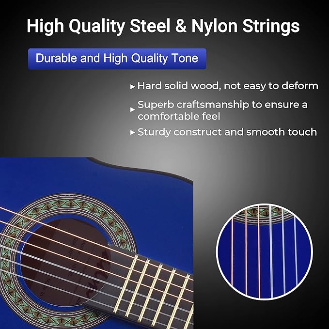 ADM Beginner Acoustic Classical Guitar 30 Inch Nylon Strings Wooden Guitar Bundle Kit for Kid Boy Girl Student Youth Guitarra Online Lessons with Gig Bag, Strap, Tuner, Extra Strings, Picks,Blue-CubbioJoy