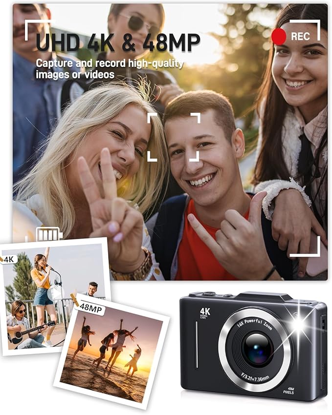 Digital Camera, FHD 1080P Kids Camera Digital with 16x Zoom Anti Shake, 32GB Card, 4K 48MP Portable Compact Point and Shoot Cameras, Vintage Small Camera for Teens Beginner Kids Present-CubbioJoy