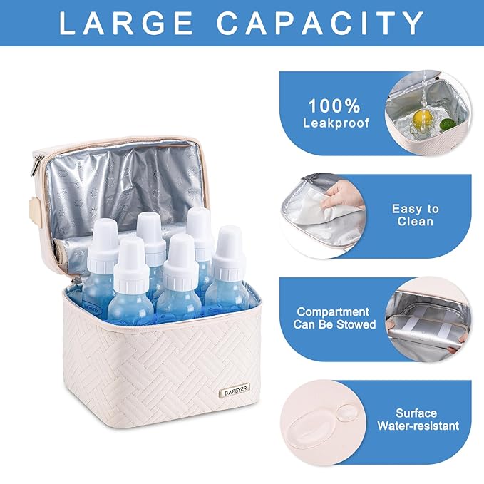 Breastmilk Cooler Bag with Ice Pack Fits 6 Baby Bottles up to 9 Ounce, Breast Milk Pump Cooler Bag with Shoulder Strap for Nursing Mom Daycare, Work, Travel- Cream-CubbioJoy