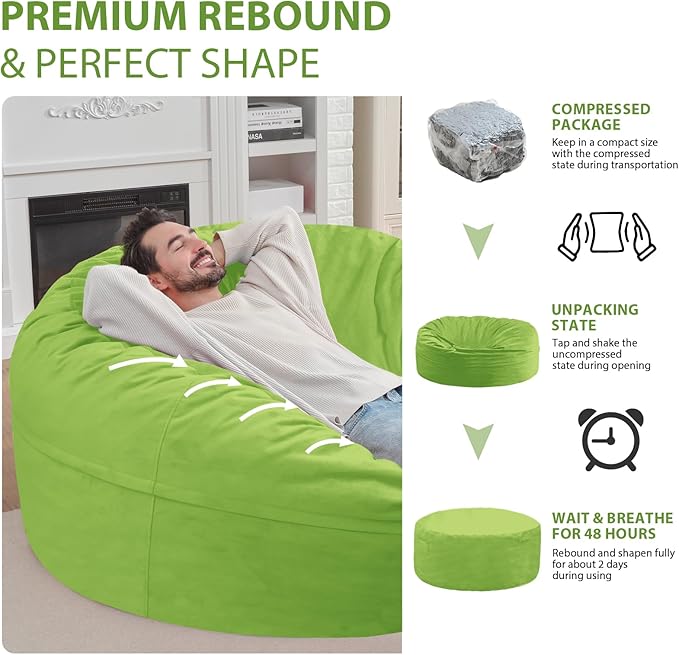 6FT Bean Bag Chair, Large Bean Bag Chairs with Memory Foam Filled, Fluffy Beanbag Sofa with Dutch Velvet Cover, Round BeanBag Chairs for Living Room, Playroom - Lime-CubbioJoy