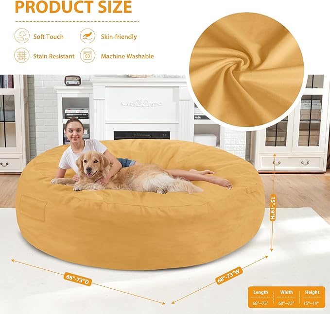 7FT Bean Bag Chair, Large Bean Bag Chairs with Memory Foam Filled, Fluffy Beanbag Sofa with Dutch Velvet Cover, Round BeanBag Chairs for Living Room, Playroom - Mustard-CubbioJoy