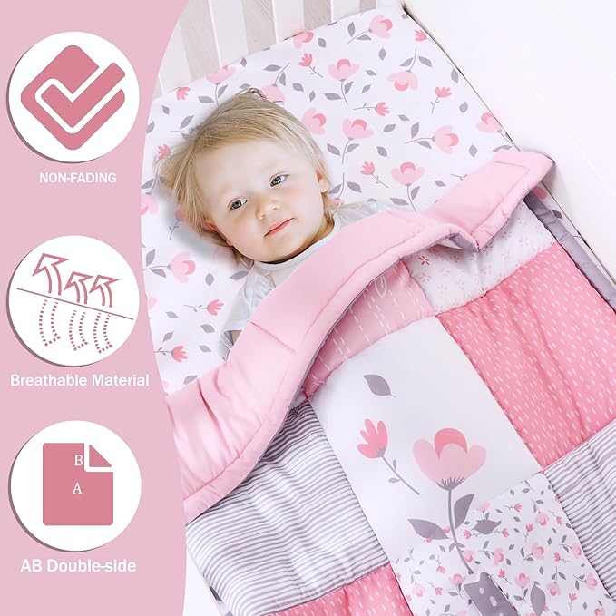 Cloele Elephant Crib Bedding Set for Girls - 3 Piece Baby Bedding Set Includes Comforter Fitted Sheet Crib Skirt - Pink Floral Standard Size Nursery Bedding Set Baby Crib Set for Girls-CubbioJoy