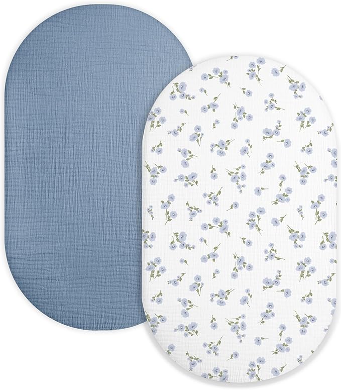 Bassinet Sheet for Baby Boy and Girl 2 Pack, Fitted Sheets for Rectangle, Oval, Hourglass Bassinet Mattress, Muslin Moses Basket Sheets with Neutral Style (Bluebell Bloom & Light Blue)-CubbioJoy