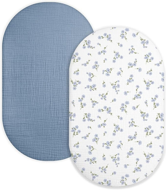 Bassinet Sheet for Baby Boy and Girl 2 Pack, Fitted Sheets for Rectangle, Oval, Hourglass Bassinet Mattress, Muslin Moses Basket Sheets with Neutral Style (Bluebell Bloom & Light Blue)-CubbioJoy