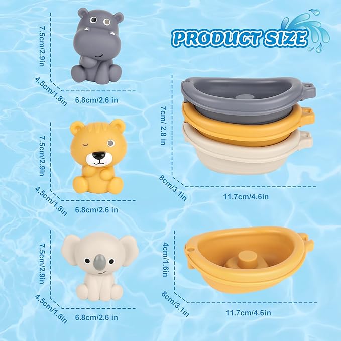 Bath Pool Toys for Toddler, Stacking Toys with 3 Boat 3 Sensory Finger Puppets, Toddler Toys Gifts for 2-4 Year Old Boy Girl, Model B-CubbioJoy