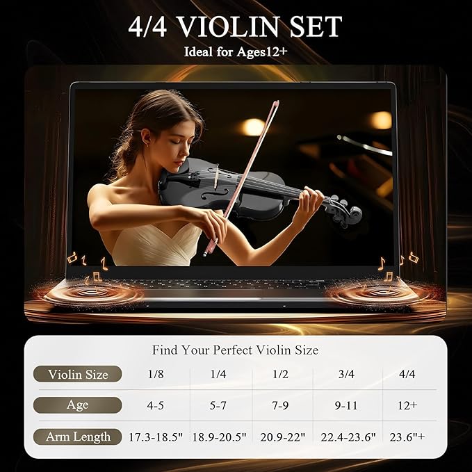 Beginner Violin 4/4, Full Size Violin for Adults, Teens, Student, Acoustic Fiddle Kit with Hard Case, Bow, Rosin, Bridge, Learners Age 12+ (Black)-CubbioJoy