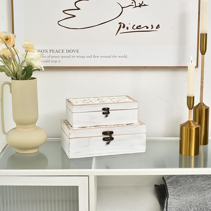 Decorative Wooden Box with Hinged Lid - Timeless Carved Floral Storage for Rustic Farmhouse Decor, Set of 2, White-CubbioJoy