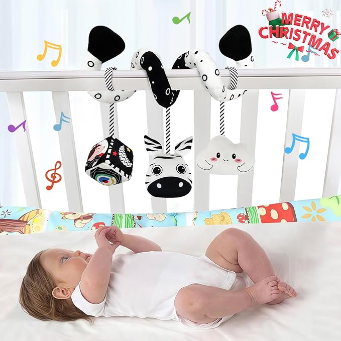 Car Seat Toys for Babies 0-6 Months,Hanging Rattle Toys for Crib Mobile, Baby Spiral Hanging Stroller Black and White High Contrast Toys for Newborn 0 3 6 9 12 Months Baby Boys Girls (Zebra)-CubbioJoy