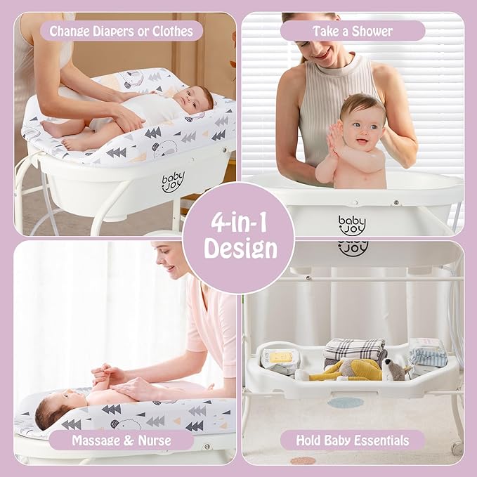 BABY JOY Baby Bathtub with Changing Table, Foldable Infant Diaper Changing Station with Storage Tray, Waterproof Pad, Portable Newborn Nursery Organizer Bath Stand with 4 Universal Wheels (White)-CubbioJoy