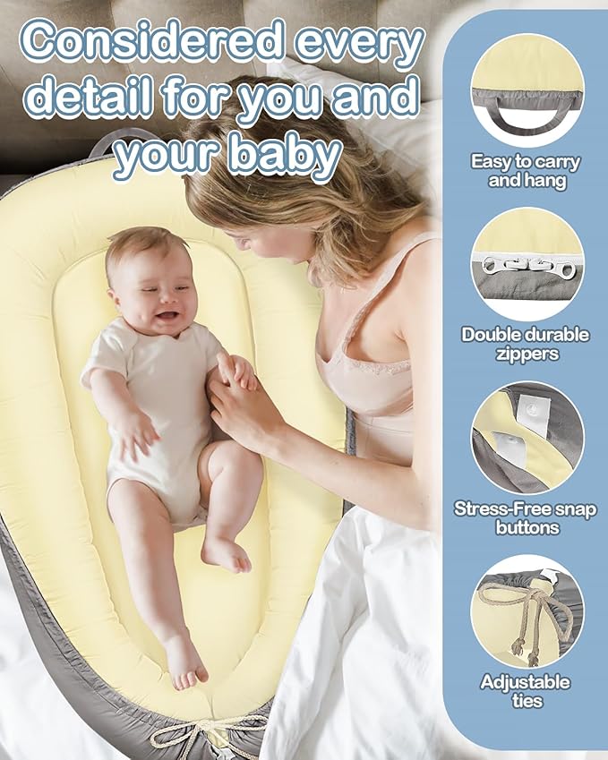 Baby Lounger - Infant Lounger for Newborn 0–26 Months, Waterproof Inner Cover and Pure Cotton Breathable Baby Nest Cover, Newborn Lounger for Baby Boys & Girls, Portable Lounger for Home and Travel-CubbioJoy