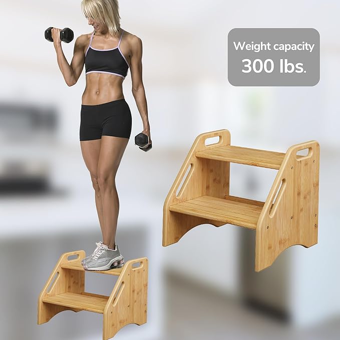 AMBIRD Wooden Step Stool, Two Step Stools Toddler 300 lbs Capacity with Safety Non-Slip Pads and Handles, Bamboo Step Stool for Bathroom, Kitchen Dual Height Step Stools for Kids (Natural)-CubbioJoy