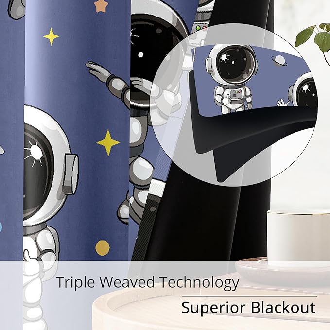 Kids Astronaut Blackout Curtains - 100% Blackout, Thermal Insulated, Noise Reducing, Perfect for Kids Room and Nursery, 2 Panels (Spacewalk Buddies, W52×L84)-CubbioJoy
