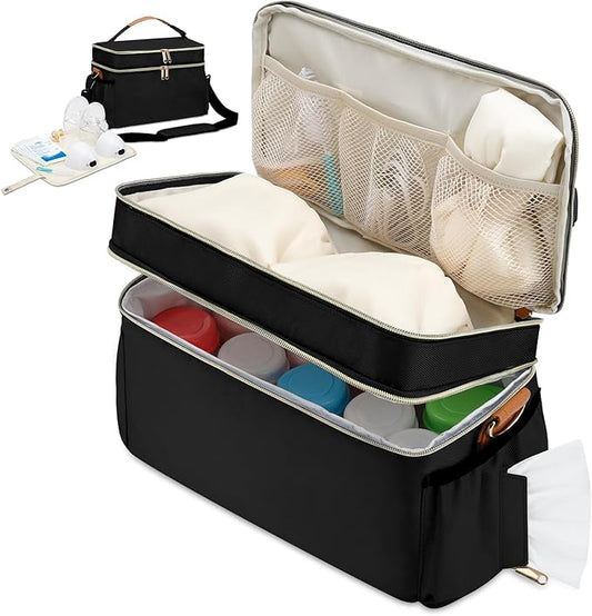 Breastmilk Cooler Bag with 6 Ice Pack, Wearable Breast Pump Bag Compatible with Willow, Elvie, Medela & Momcozy M5/S12 Pro Pumps & Accessories for Work, Travel and Family Use Black-CubbioJoy