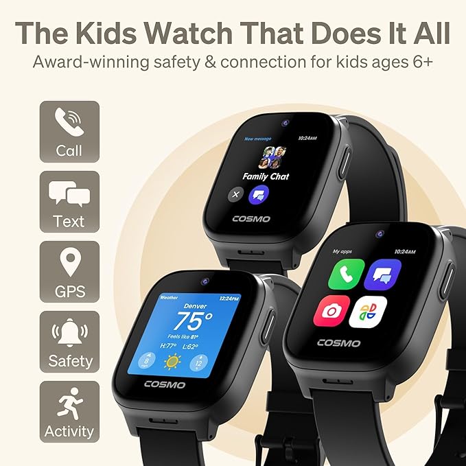 JrTrack 5 Kids Smart Watch by Cosmo | Best Kid-Safe Phone Watch | Precision Real-Time GPS Tracking | Call, Text, Activity, School Settings | Spotify Music | Parental Controls | SOS & Safety Alerts-CubbioJoy