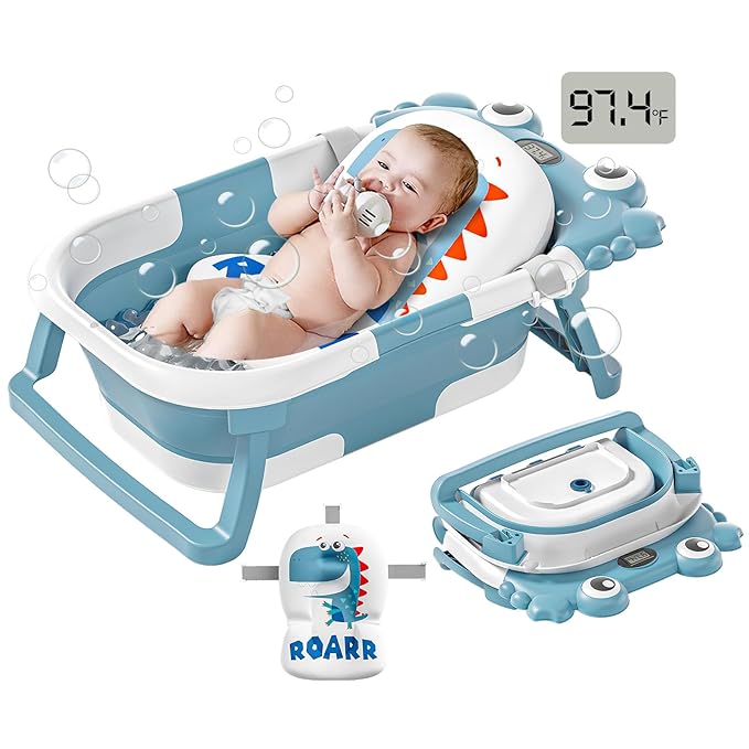 Collapsible Baby Bathtub for Newborns to Toddler with Real-time Temp Monitor & Floating Cushion,Portable Travel Tub for 0-36 Month, Foldable Baby Bath Tub for Infants Boy (Light Blue)-CubbioJoy