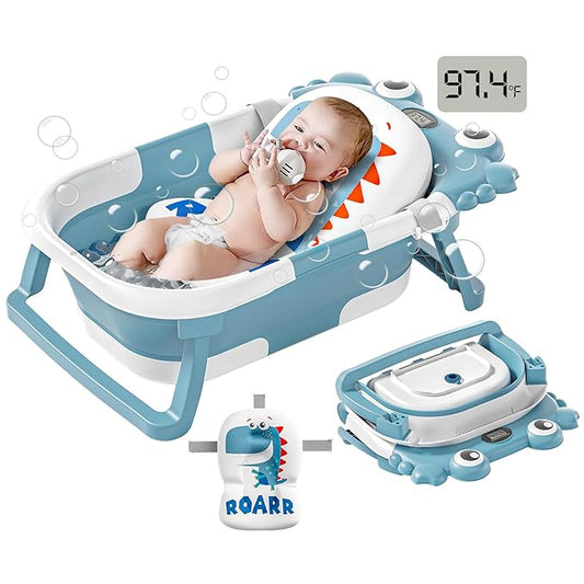 Collapsible Baby Bathtub for Newborns to Toddler with Real-time Temp Monitor & Floating Cushion,Portable Travel Tub for 0-36 Month, Foldable Baby Bath Tub for Infants Boy (Light Blue)-CubbioJoy