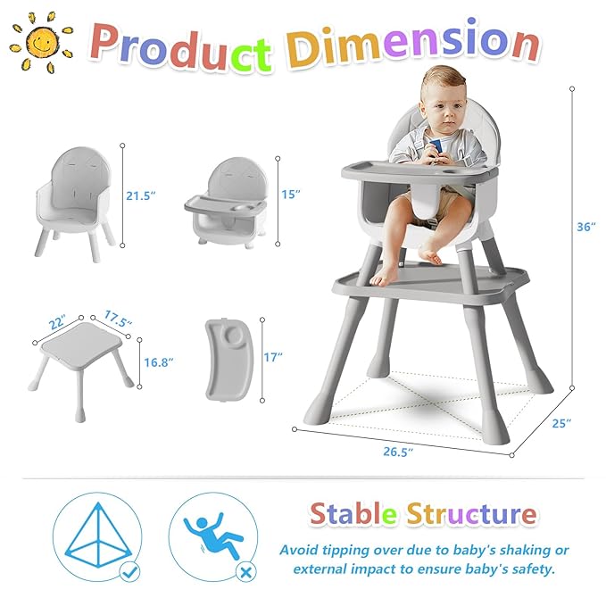 6 in 1 Baby High Chair for Babies and Toddlers, Booster Seat, Kids Learning Table & Chair (Grey)-CubbioJoy