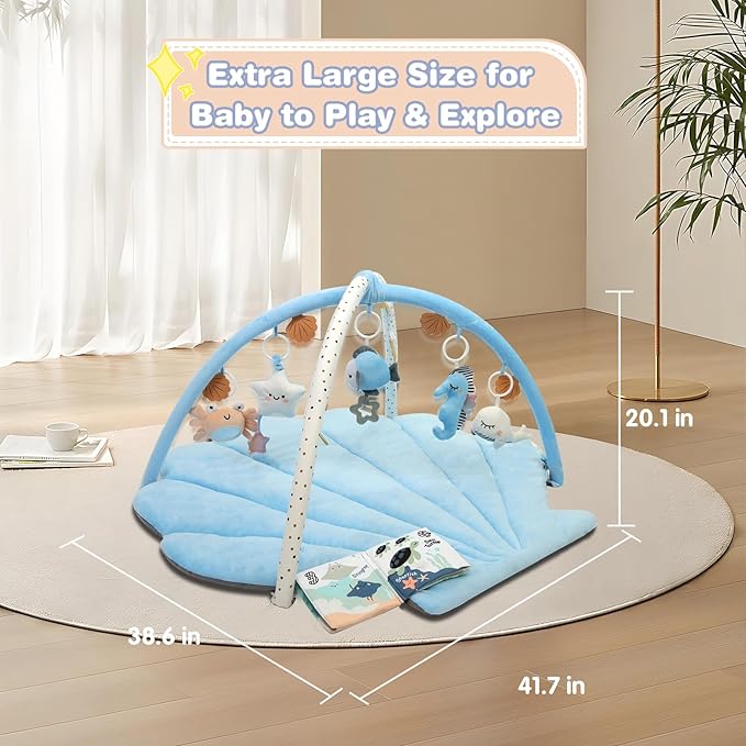Baby Play Gym Mat, Oversize Tummy Time Activity Mat for Babies 0-6 Months, Shells Shaped Baby Play Mat with 6 Detachable Toys, Baby Mat for Floor Sensory Exploration Motor Skill Development (Blue)-CubbioJoy