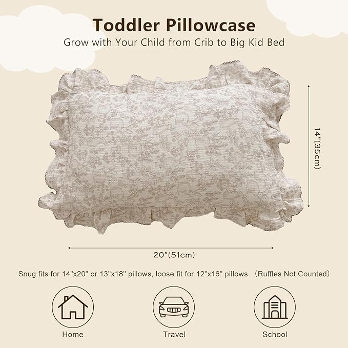 BuLuTu 100% Cotton Muslin Toddler Pillowcase with Ruffles Edges, Cute Rabbit Pattern Toddler Pillow Cover Soft Breathable Gauze Cotton Kids Pillow Cases for Boys,Girls, 1 Piece, 14"x20"-CubbioJoy