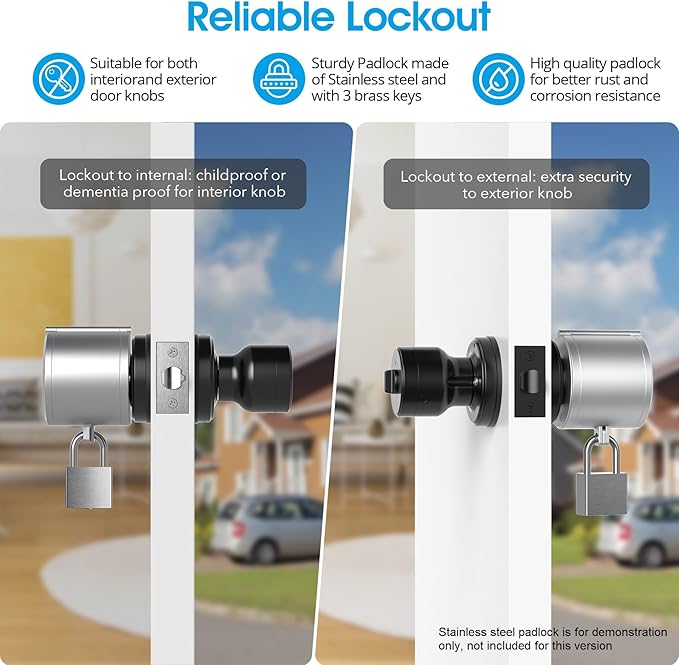 AST Door Knob Lockout Device with SS Padlock and Brass Keys, Childproof Door Knob, Security Lock for Toddler and Dementia Proof, Safety Cover, Doorknob Protection, Matte Silver with SS Padlock-CubbioJoy