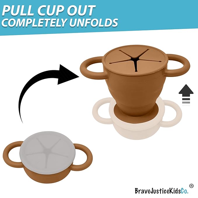 BraveJusticeKidsCo | Snack Attack II Snack Cup | Collapsible Silicone Snack Container | Toddler and Baby Snack Catcher Lid (Honey Ginger)-CubbioJoy