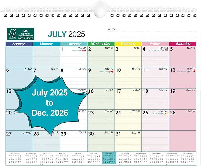 BOCT Wall Calendar 2025-2026 - Includes July 2025 to December 2026-18 Monthly Daily Planner 13 x 9.6 Inches, Julian Dates for New Year Christmas Gifts-CubbioJoy