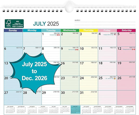 BOCT Wall Calendar 2025-2026 - Includes July 2025 to December 2026-18 Monthly Daily Planner 13 x 9.6 Inches, Julian Dates for New Year Christmas Gifts-CubbioJoy