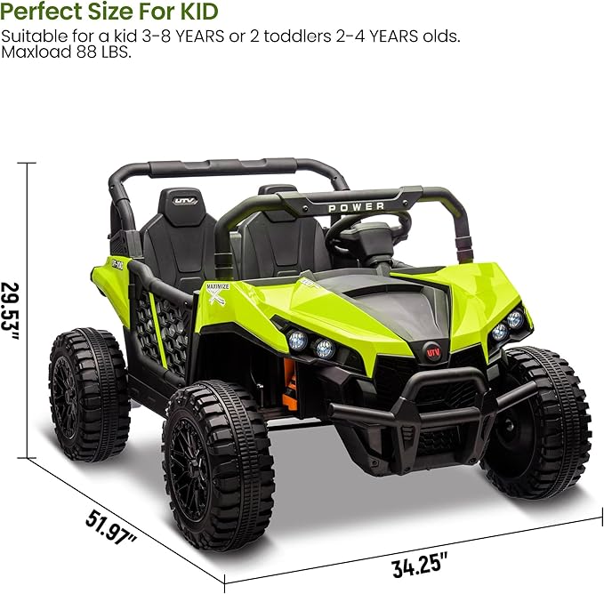 24V 2 Seater Ride On Car Truck, Power Wheels Kids UTV w/Parent Remote Control, 3.1 MPH Max Speed, Music Player, LED Lights & Storage, Electric Vehicle Ride On Toy for Kids Toddler Ages 3-8, Green-CubbioJoy