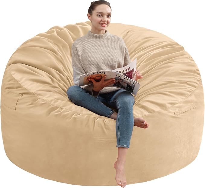 3FT Bean Bag Chair, Comfy Bean Bag Chairs with Memory Foam Filled, Fluffy Beanbag Sofa with Dutch Velvet Cover, Round BeanBag Chairs for Living Room, Playroom - Khaki-CubbioJoy