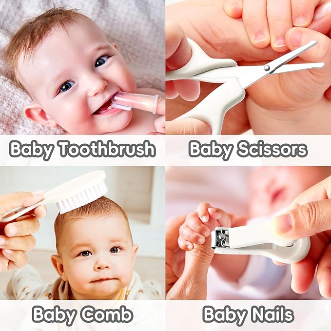 Baby Grooming Kit, Infant Safety Care Set with Hair Brush Comb Nail Clipper Nasal Aspirator,Baby Essentials Kit for Newborn Girls Boys (Grey White)-CubbioJoy