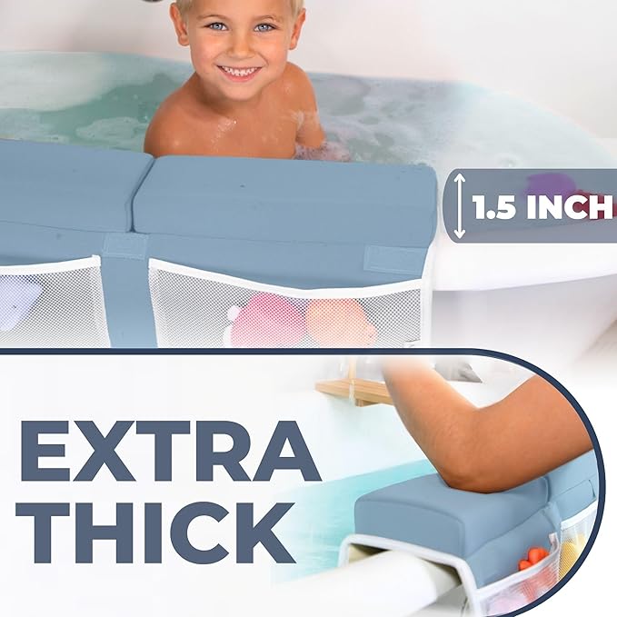 Comfortable Baby Bath Kneeler and Elbow Rest Pad Set – Thick Memory Foam Bath Kneeling Pad with Elbow Support – Baby Bathtub Cushion with Toy Organizer for Bathing Infant or Toddler - Blue-CubbioJoy