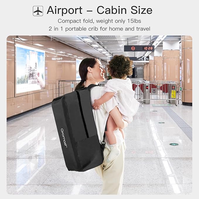 2 in 1 Portable Travel Crib for Toddler, Foldable Crib for Baby, Lightweight Playpen Collapsible Playard with Soft Mattress, Easy to Carry Baby Travel Bed for Outdoor, Indoor (Black)-CubbioJoy