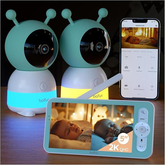 BOIFUN 2K Split-Screen 5 Inch Wi-Fi Baby Monitor With 2 Cameras, Colorful Night Light, AI Motion & Sound & Humidity & Temp Detection, Auto Tracking Via Smartphone App And Monitor Control, Night Vision-CubbioJoy