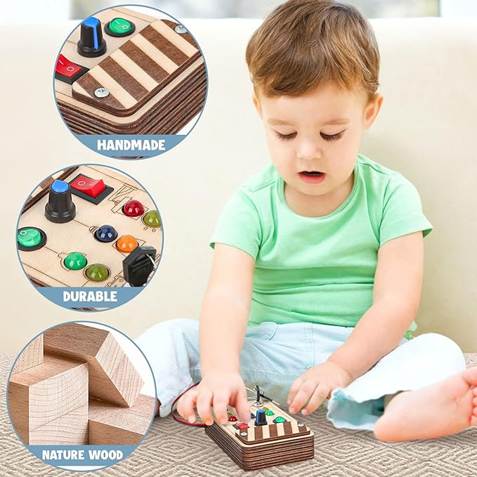 Joyreal Wooden Montessori Busy Board, Toddler Sensory Toys, LED Light Switch, Travel Toys for 2+ Year Old Boy-CubbioJoy