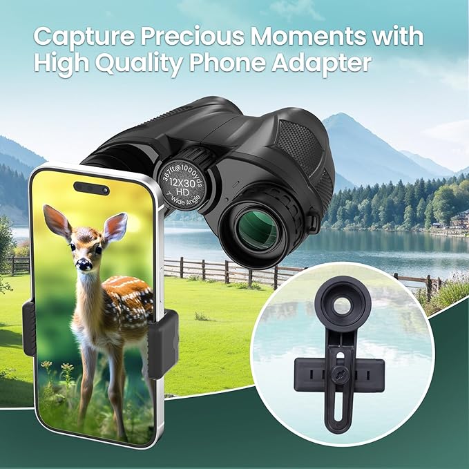 12x30 Compact Binoculars for Adults and Kids, High Power Lightweight Small Binoculars with Phone Adapter for Cruise Ship Hiking Bird Watching Sports Safari Viewing Football Sports Concert-CubbioJoy