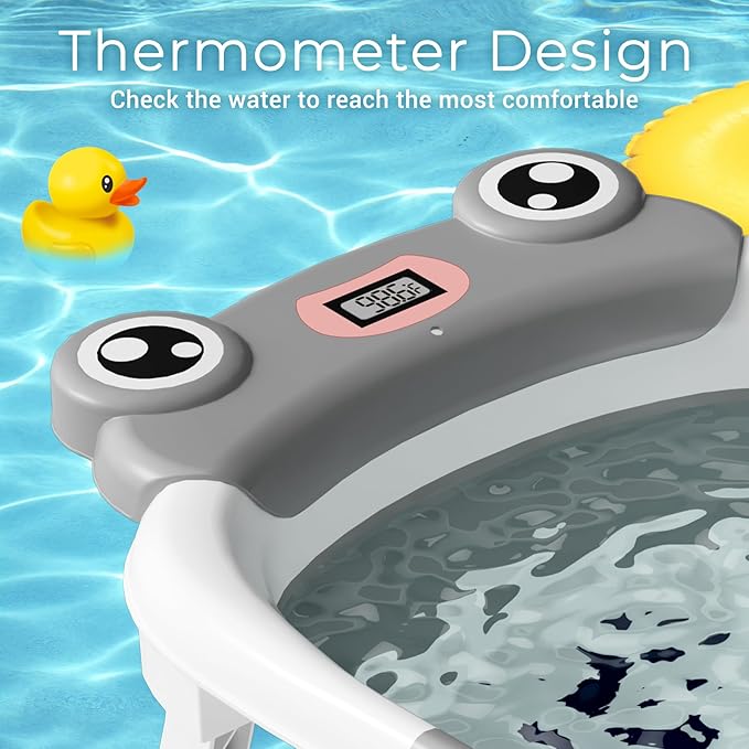 Baby Bathtub, Collapsible Newborn Bathtub for Infant to Toddler 0-24 Months with Soft Cushion and Thermometer,Portable Travel Newborn Tub with No-Slip Feet, Baby Shower Gifts,Grey-CubbioJoy