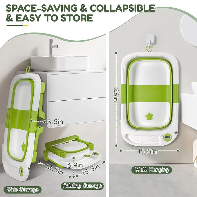 Collapsible Baby Bathtub,Baby Bath Tub with Thermometer & Soft Cushion,Baby Bathtub for Newborn to Toddler 0-36 Months,Portable Travel Baby Tub with No-Slip Feet,Baby Shower Gifts,Green-CubbioJoy
