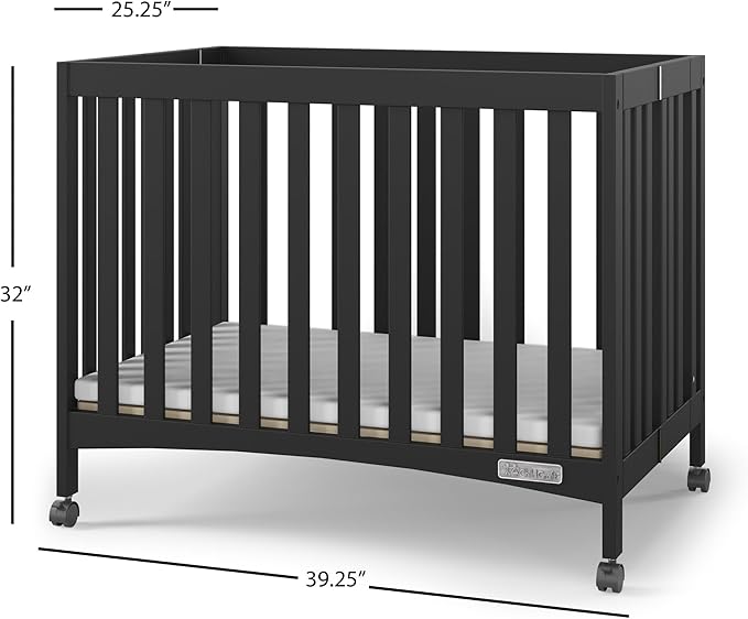 Child Craft London Mini Compact Folding Portable Crib with 2” Crib Mattress and 2 Easy Roll Locking Wheels, Durable Pine Wood Construction (Ebony Black)-CubbioJoy