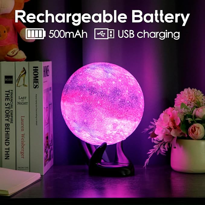 BRIGHTWORLD 7.1inch Galaxy Lamp 16 Colors Moon Lamp 3D Printing, Remote & Touch Control USB Rechargeable, Birthday Gifts for Women Room Decor Aesthetic（Black Hand Base）-CubbioJoy