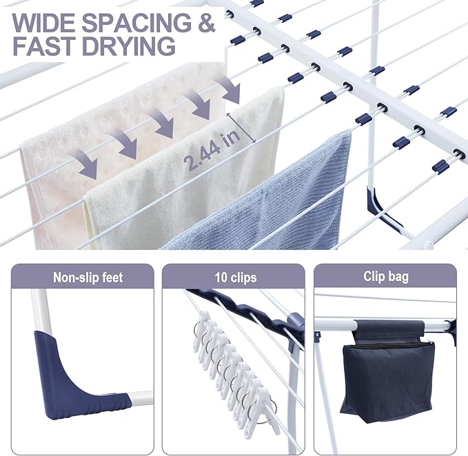 APEXCHASER Clothes Drying Rack, Foldable Gullwing Laundry Rack for Indoor Outdoor, 10pcs Clips with Bag, Collapsible Space-Saving Drying Rack for Clothes Towels Dolls, White-CubbioJoy