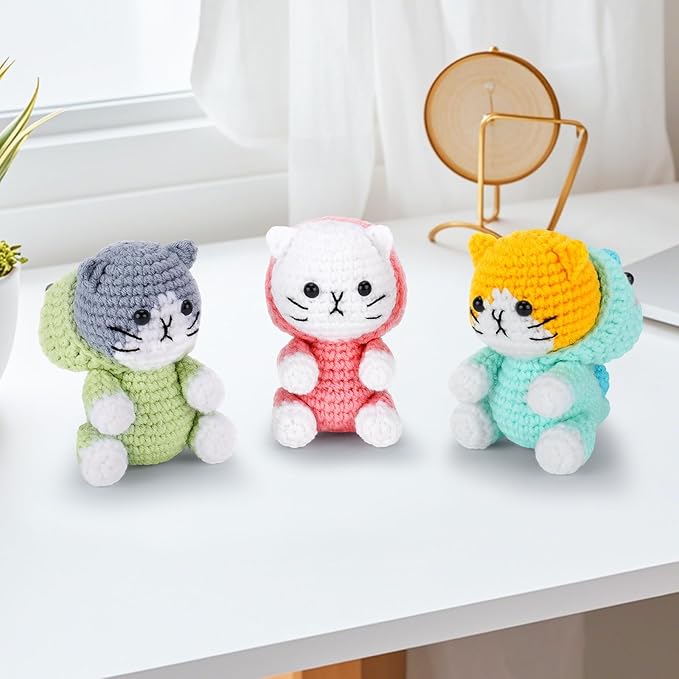 Crochet Kit for Beginners - 3 PCS Dinosaur Cat Crochet Kits with Step-by-Step Video Tutorials, Beginner Crochet Kit for Adults Kid, Crochet Animal Kit for Starters, Cat Dressed as Dinosaur Crochet Set-CubbioJoy