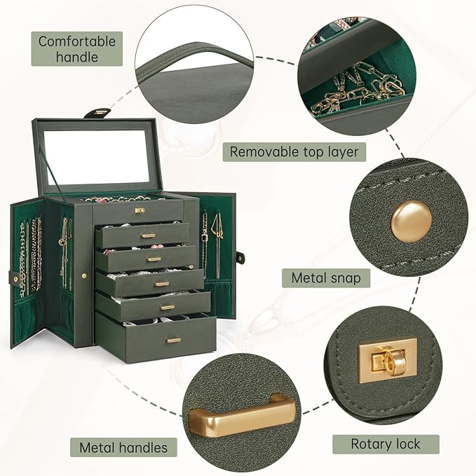 AKOZLIN Huge Jewelry Box Organizer Functional Large Leather Jewelry Storage Case for Women Girls Ring Necklace Earring Bracelet Holder Organizer with Mirror-CubbioJoy