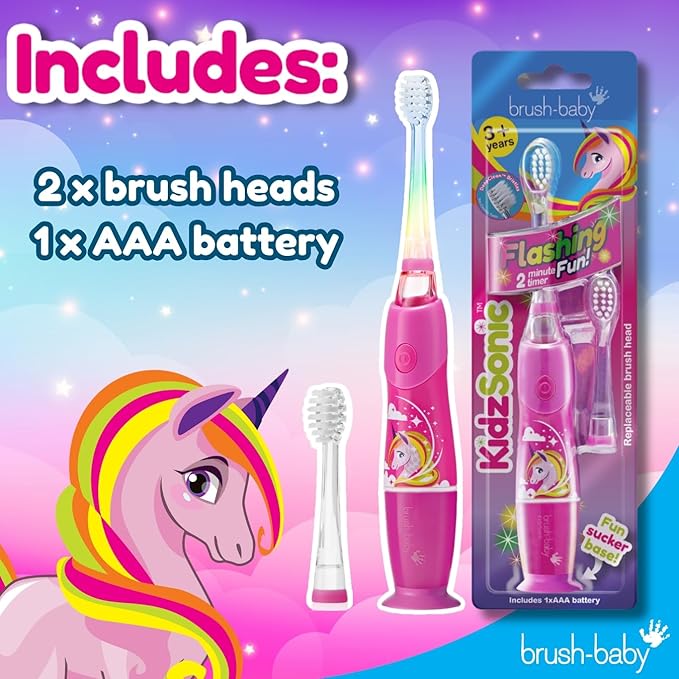 Brush-Baby - KidzSonic Unicorn Kids Electric Toothbrush, Ages 3+ Years - DeepClean Bristles, Suction Base - Fun Design with Flashing Lights - 2 x Replacement Heads & 1 x AAA Battery-CubbioJoy