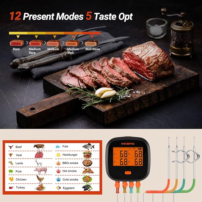 Inkbird WiFi Meat Thermometer for Grilling, Unlimited Rang Rechargeable BBQ Thermometer APP Calibration, Temp Graph Mobile Notification, 4 Colorful Probes Food Thermometer for Pellet Smoker Oven-CubbioJoy