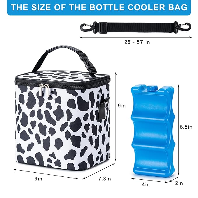 Breastmilk Cooler Bag with Ice Pack Fits 6 Baby Bottles Up to 9 Ounce, Baby Bottle Bag with Shoulder Strap for Nursing Mom Daycare, Cow-CubbioJoy