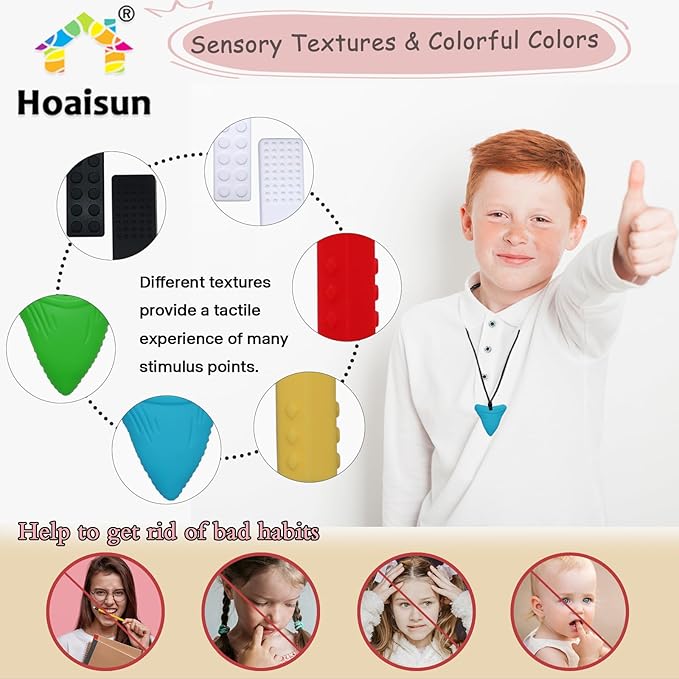 Chew Necklaces for Sensory Kids 6 Pack, Sensory Toys for Kids with Autism, ADHD, SPD, Chewing, Biting, Autism Sensory Products Silicone Chew Toys Necklace for Adults Reduce Anxiety Fidget-CubbioJoy