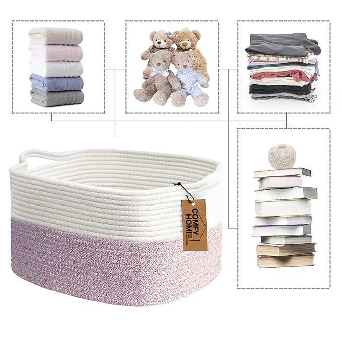 COMFY-HOMI Cotton Rope Woven Medium Basket with Handles for shelf，Cloth Storage Basket for Organizing-13.5X11X9.5 Storage Bin for Bedroom, Newborn or Infant Gift for boy girl （White/Pink）-CubbioJoy