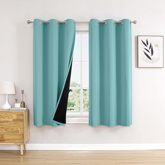 ChrisDowa 100% Blackout Curtains 45 inch Long for Bedroom with Black Liner, 2 Thick Layers Total Blackout Thermal Insulated Grommet Window Curtains 2 Panels Set (Aqua, 42 x 45 Inch)-CubbioJoy